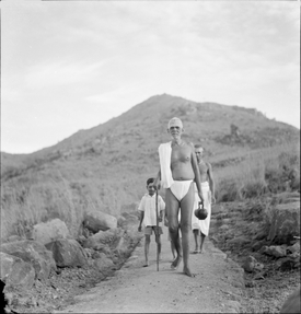 Sri Bhagavan leading with Sri Sundaram behind, followed by Madhava Swami