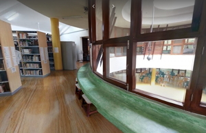 library looking down into the auditorium